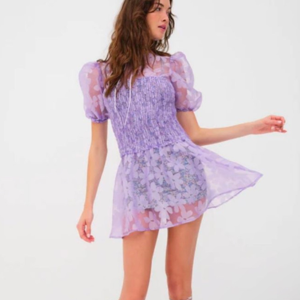 For Love And Lemons Purple Babydoll Mini Dress with Puff Sleeves